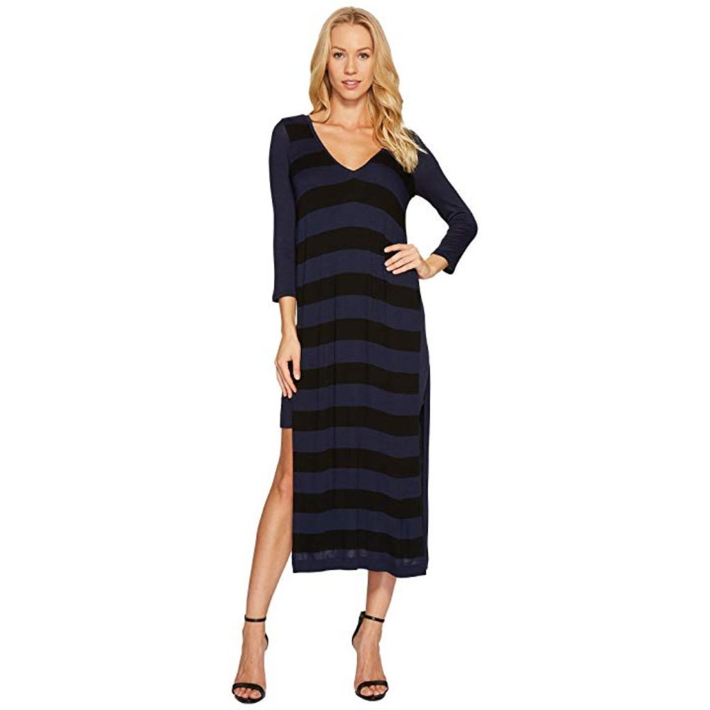 Three Dots Maxi Stripe navy black V-Neck maxi midi Dress long sleeves. Medium